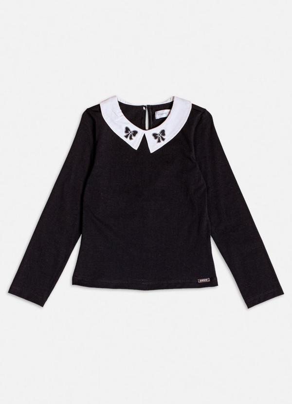Blusa Preta com Gola e Patch de Laço Preto