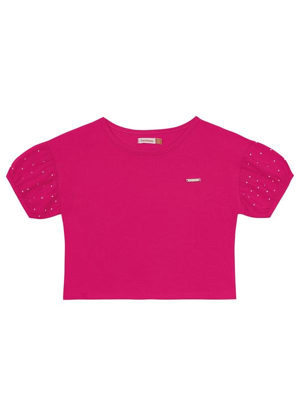 Blusa Rosa Escuro Cropped com Strass Menina
