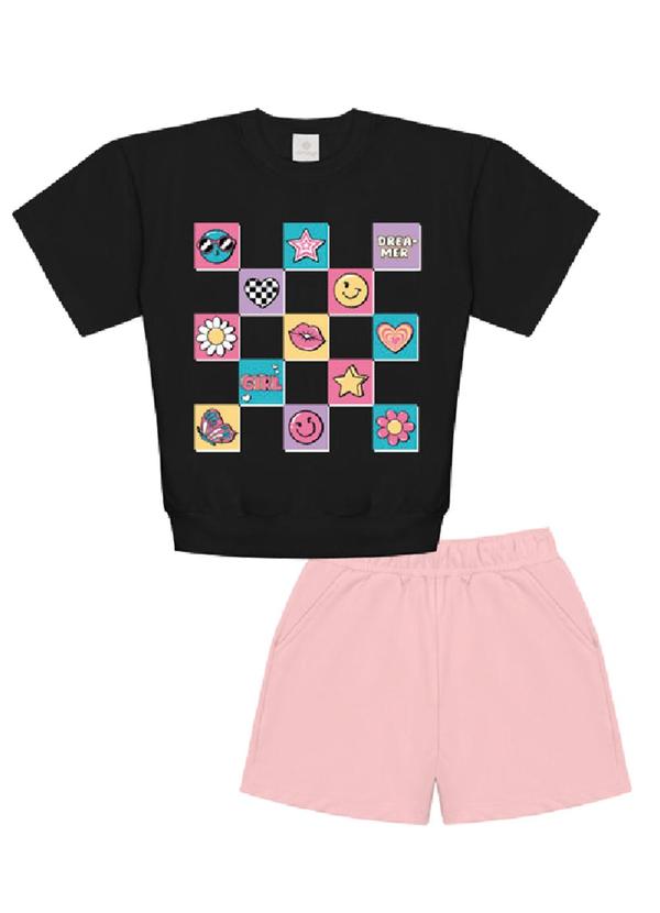 Conjunto Blusa e Short Preto e Preto e Rosa