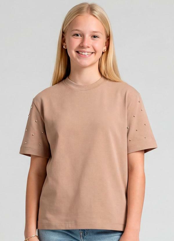 T-Shirt com Rebite e Strass Marrom