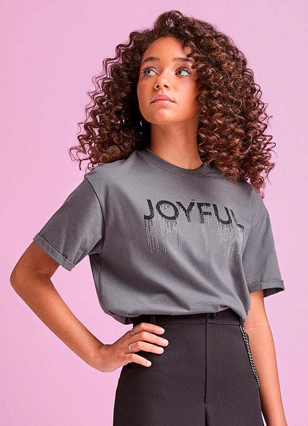 T-Shirt Grafite Joyful com Strass Cinza