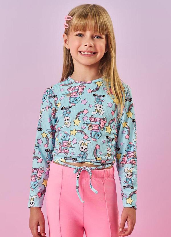 Blusa Amarração Infantil Menina Dinossauro Azul