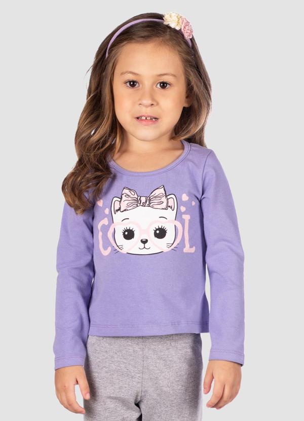 Vista 2 Blusa Cotton Estampa Gatinho Básica Menina Roxo Turminha Turminha
