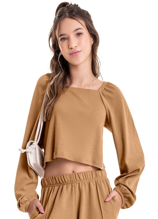 Vista 2 Blusa Cropped Básica Juvenil Marrom Gloss Gloss