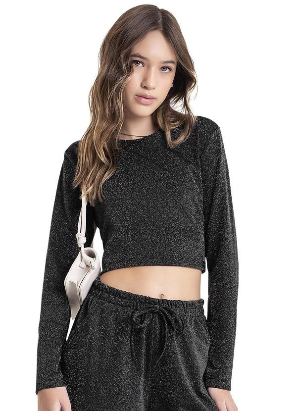 Vista 2 Blusa Cropped em Malha Juvenil Preto Gloss Gloss