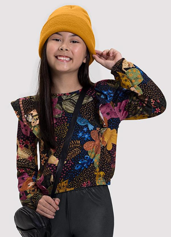 Vista 2 Blusa Cropped Infantil Menina Estampada com Babado Preto Alakazoo Alakazoo