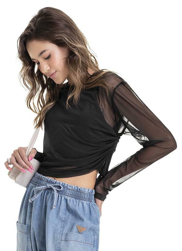 Vista 2 Blusa em Tule e Top em Cotton Juvenil Preto Gloss Gloss