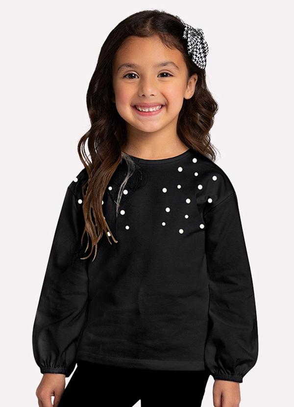Vista 2 Blusa Infantil Menina com Pérolas Preto Milon Milon