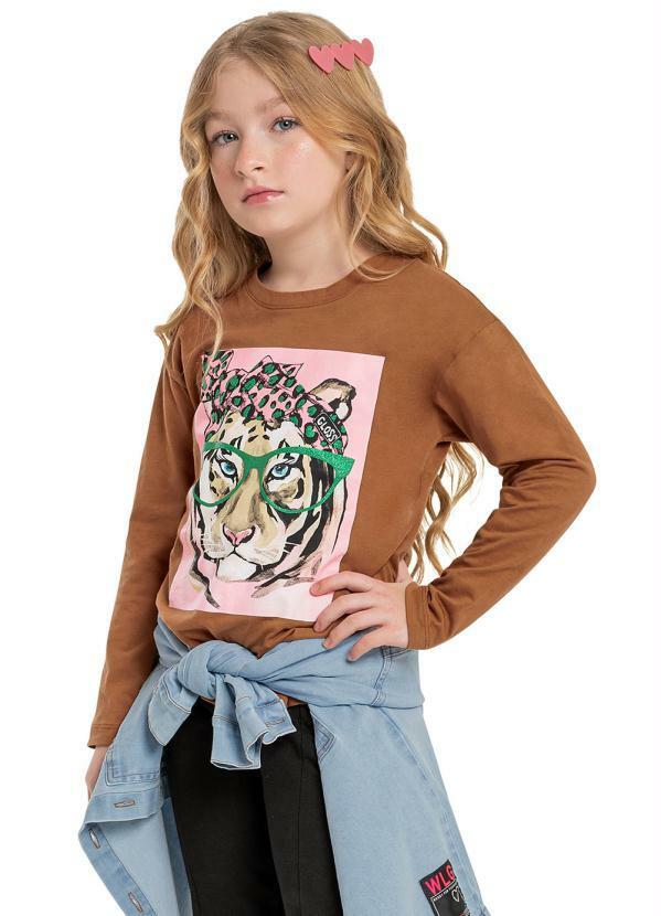 Vista 2 Blusa Infantil Menina em Meia Malha Marrom Gloss Gloss