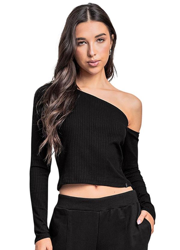 Vista 2 Blusa Juvenil em Ribana Canelada Preto Gloss Gloss