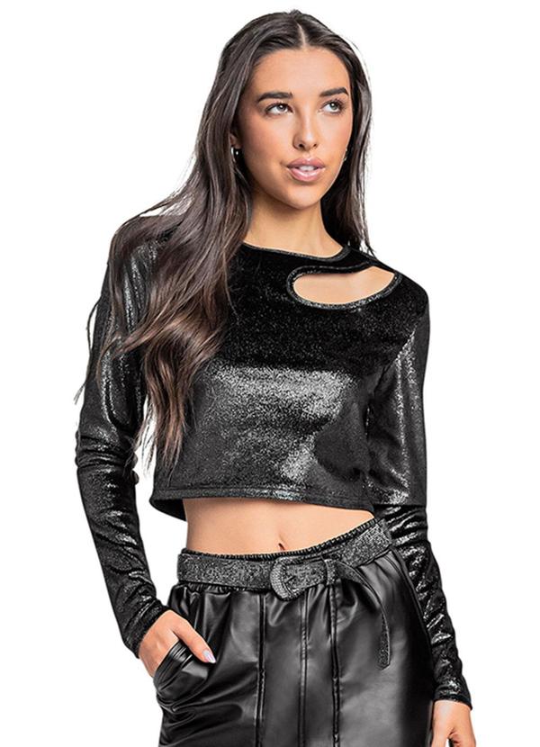 Vista 2 Blusa Juvenil em Veludo com Brilho Preto Gloss Gloss