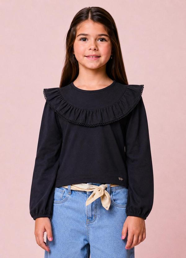 Blusa Menina Infantil Preta com Babado e Renda