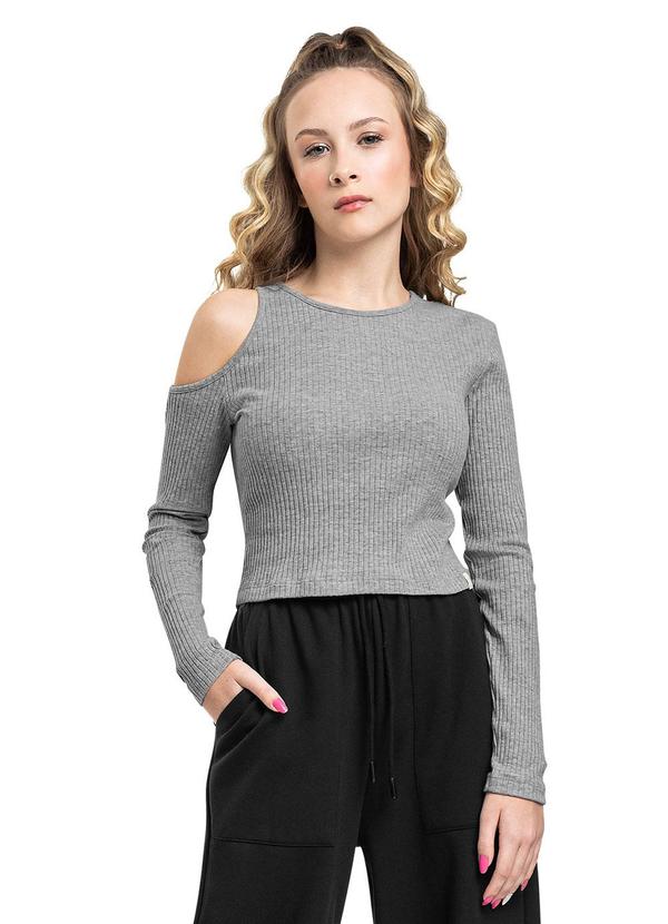 Blusa Cropped em Ribana Canelada Cinza