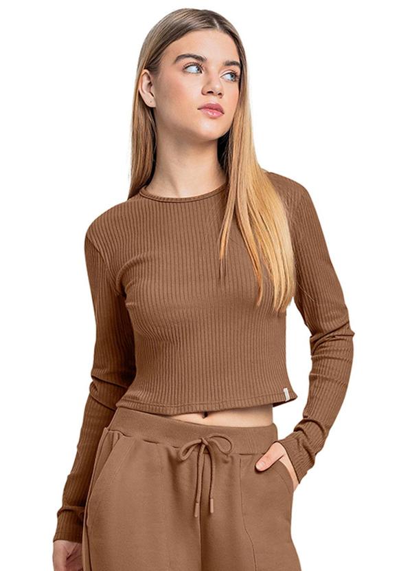 Vista 2 Blusa Cropped Juvenil em Ribana Marrom Gloss Gloss