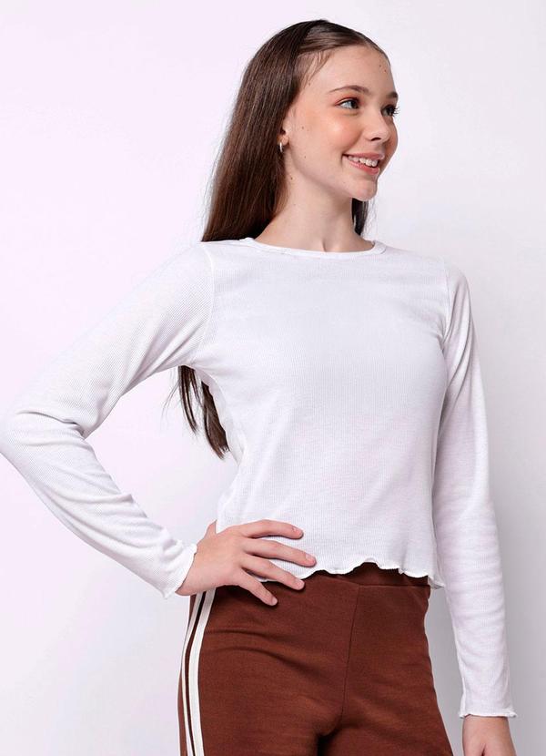 Blusa Juvenil Canelada Manga Longa Frufru Branca