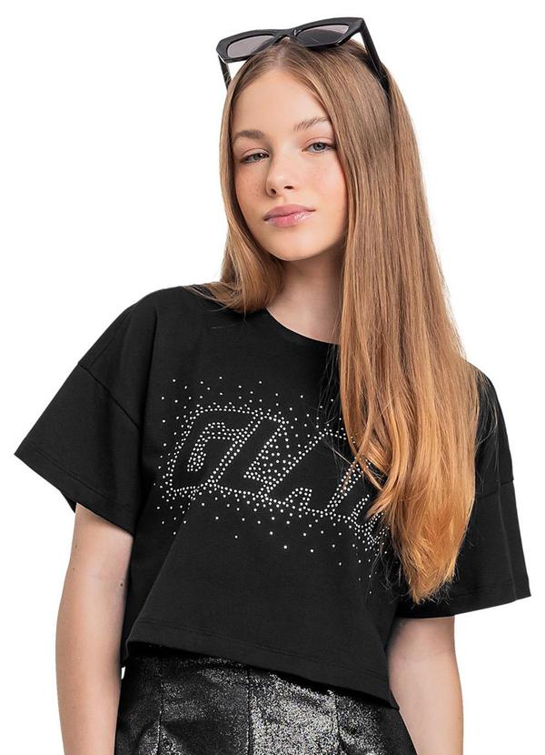 Vista 2 Blusa Juvenil com Strass Preto Gloss Gloss
