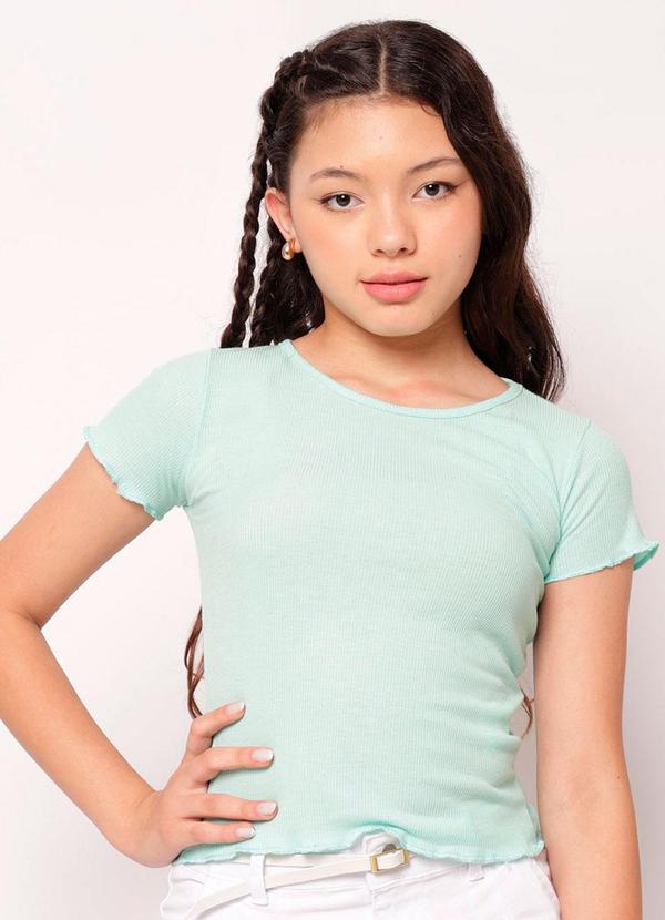 Blusa Juvenil Manga Curta Canelada Frufru Verde