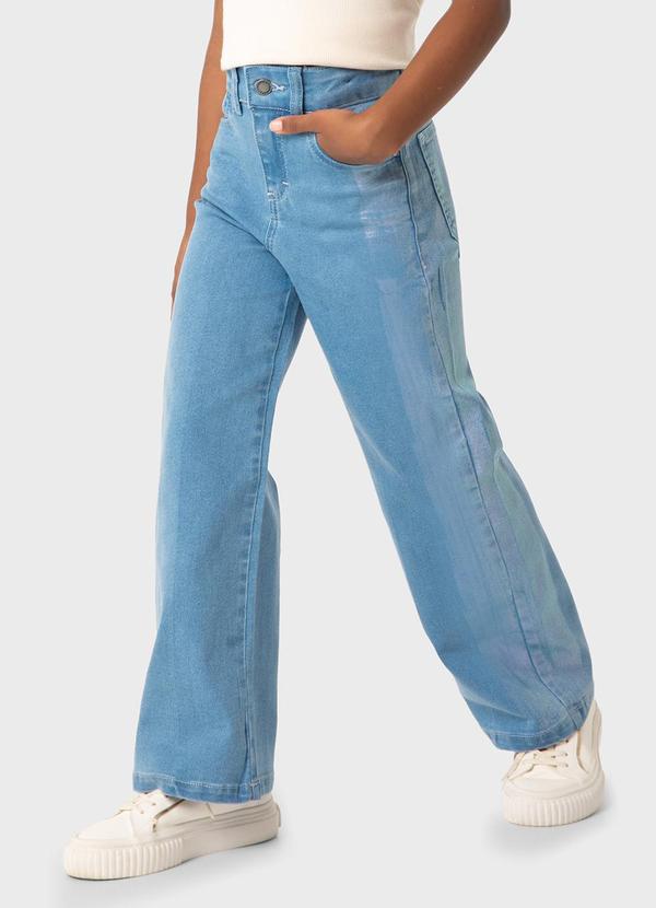 Vista 2 Calça Azul Claro Wide Leg Jeans Holográfico Carinhoso Carinhoso