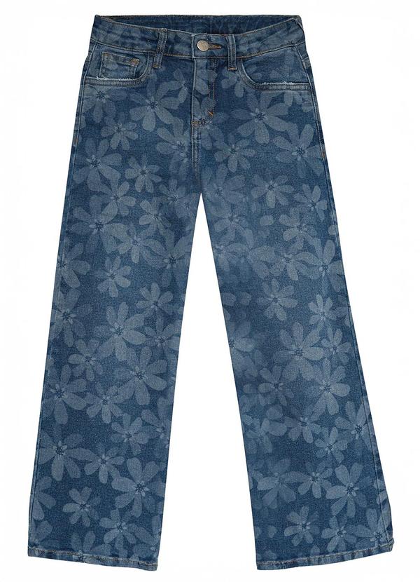 Calça Floral Wide Leg Jeans Azul