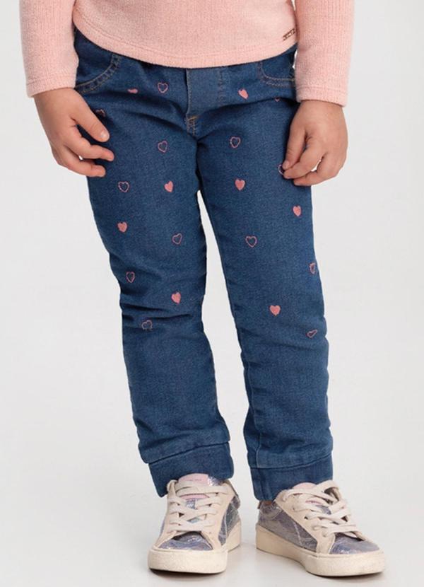 Calça Jeans Jogging com Bolsos e Bordados Azul