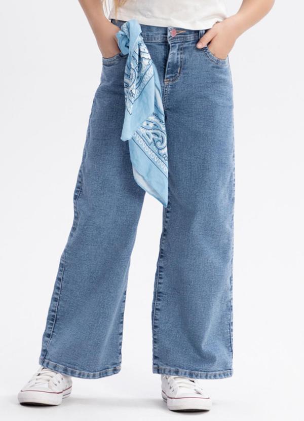 Vista 2 Calça Jeans Wide Leg Infantil com Bolsos Azul Alakazoo Alakazoo