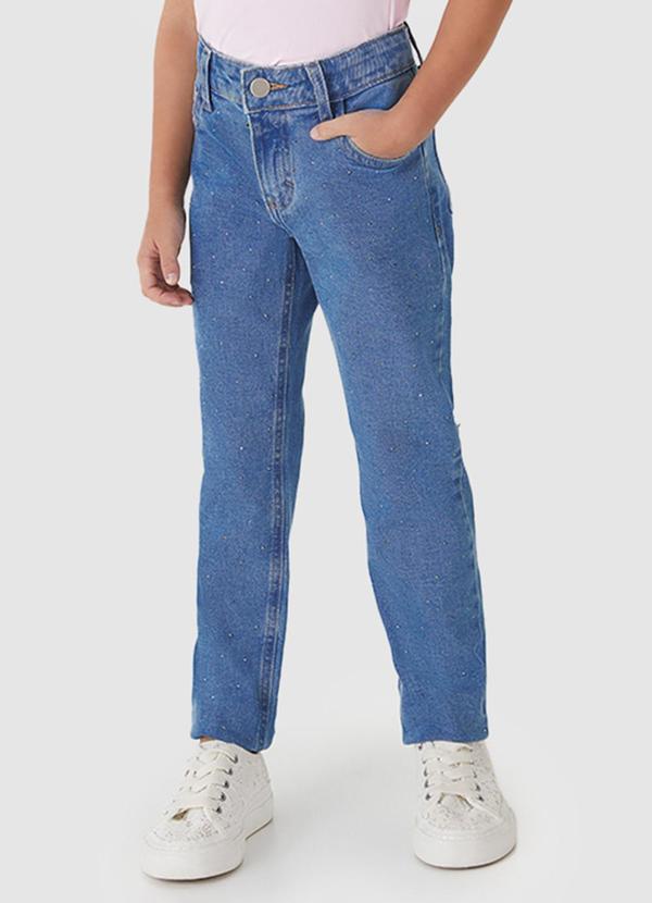 Vista 2 Calça Reta Jeans Cintura Alta Azul Carinhoso Carinhoso