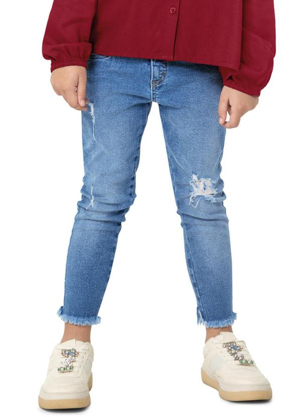 Calça Skinny Jeans com Puídos Menina Azul