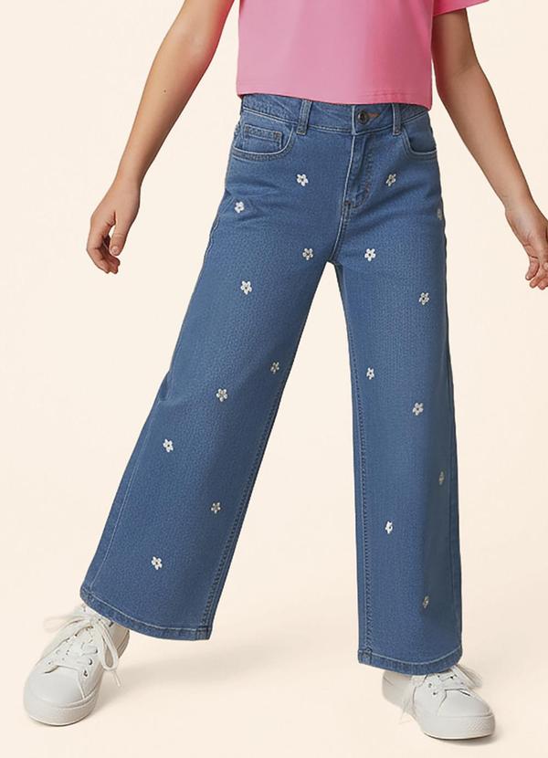 Calça Wide Leg Jeand com Bordado Azul