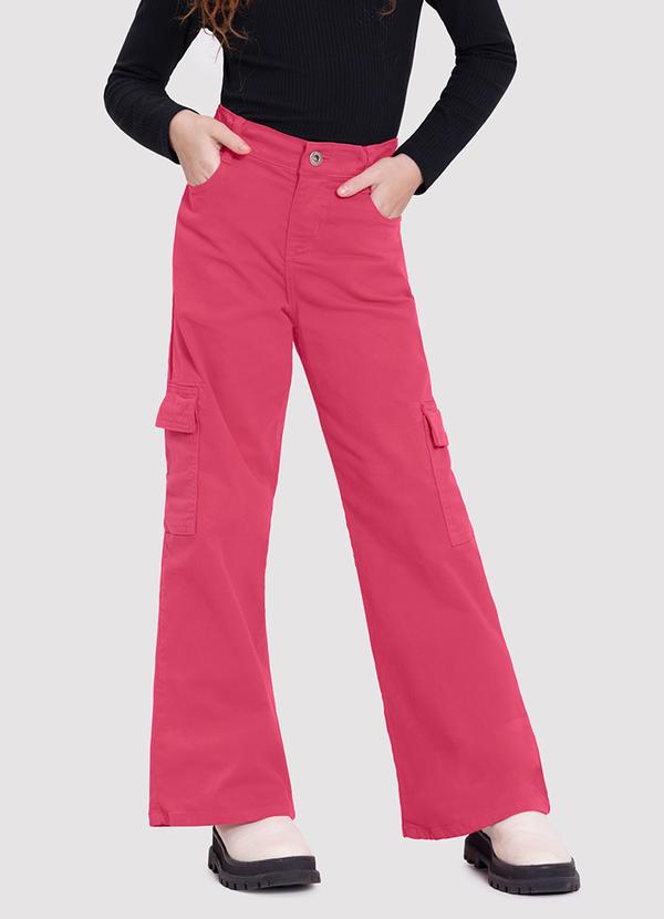 Vista 2 Calça Sarja Wide Leg Infantil Menina Cargo Rosa Alakazoo Alakazoo