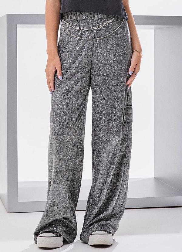 Calça Wide Leg com Brilho Prata