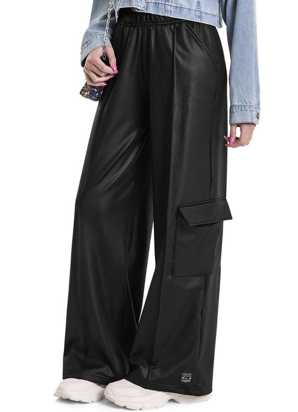 Vista 2 Calça Wide Leg em Malha Cirrê Juvenil Preto Gloss Gloss