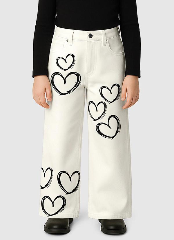 Calça Wide Leg em Sarja Corações Off White