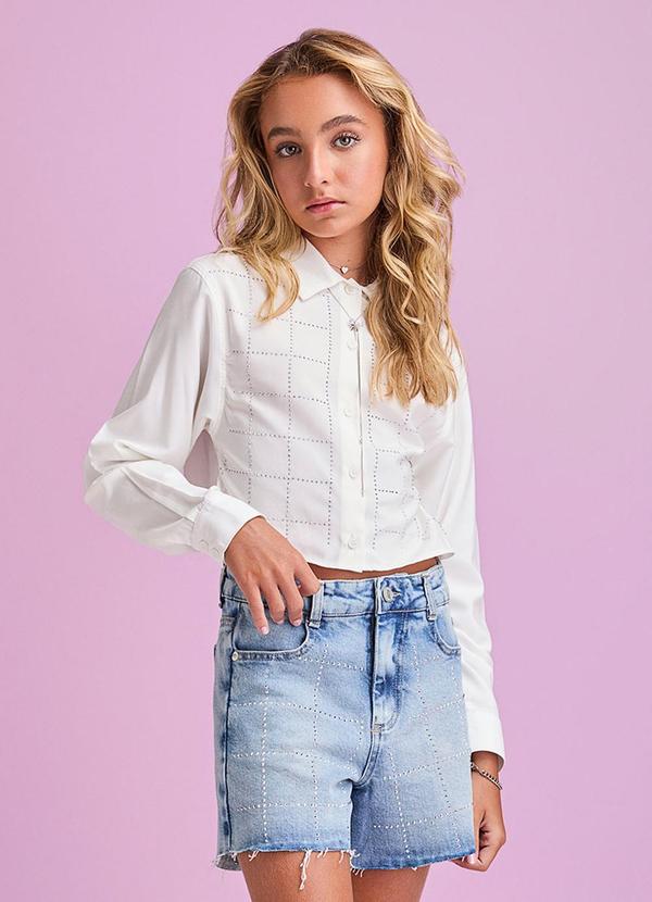 Camisa Casual com Strass Branco