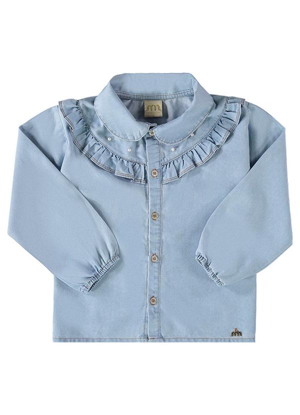Camisa Menina Jeans Leve Pérolas Azul