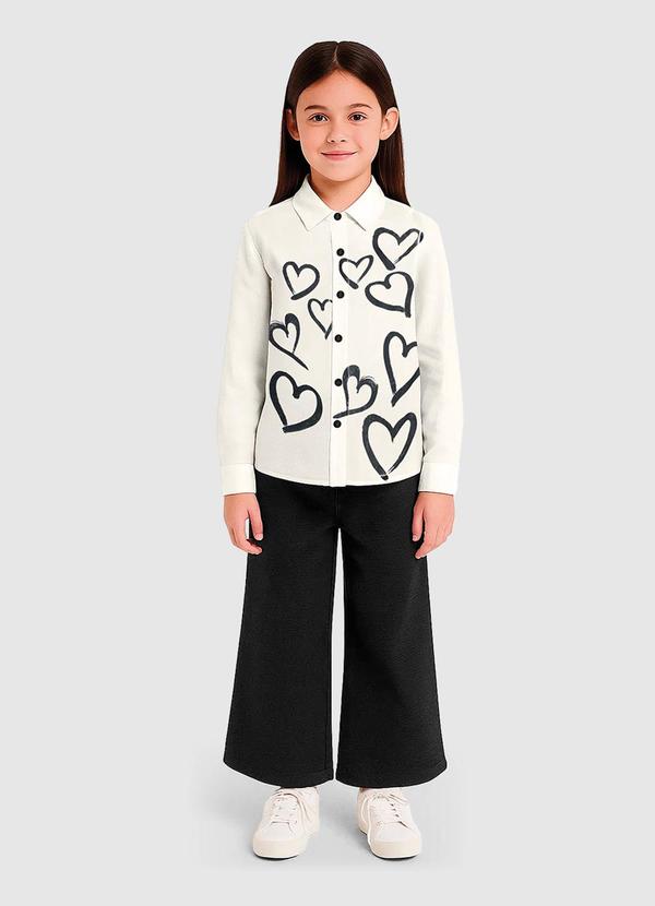 Camisa Oversized em Sarja Corações Off White
