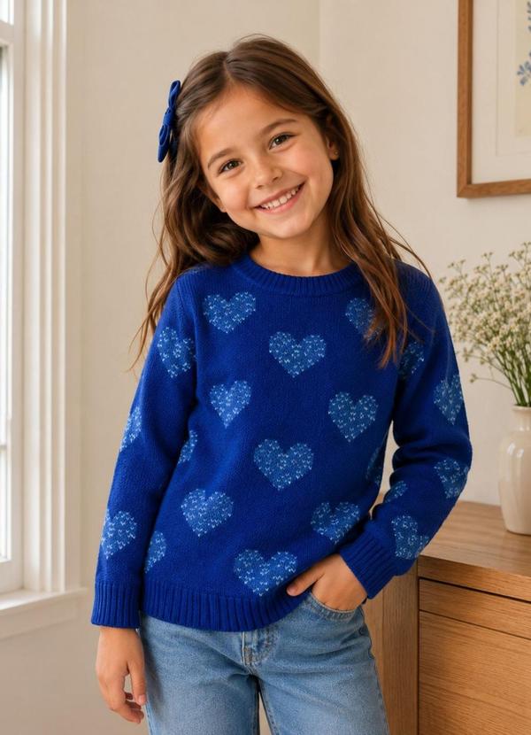 Blusa Infantil em Tricô com Corações Azul