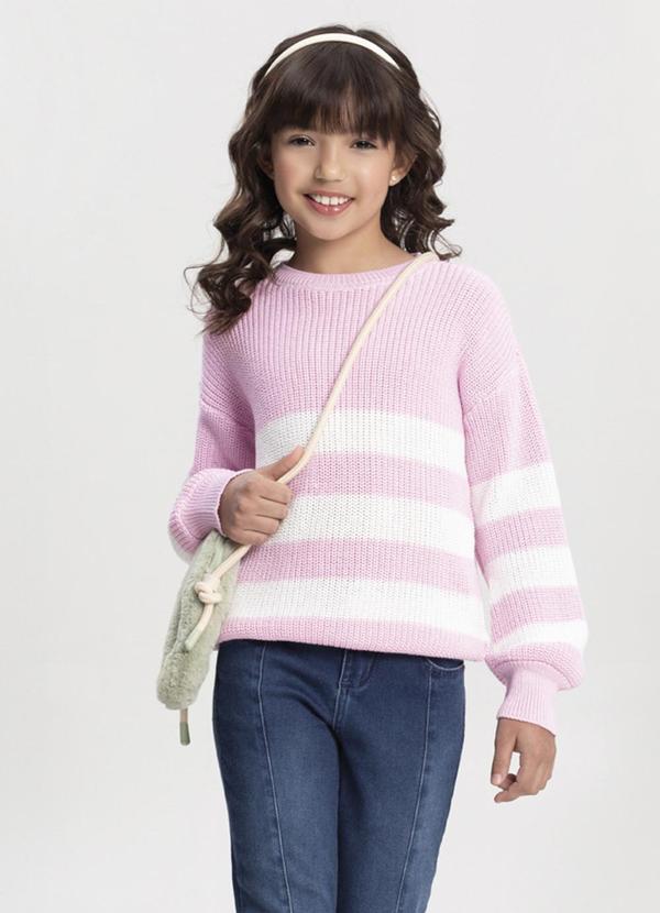 Blusão Listrado de Tricô Infantil Menina Rosa