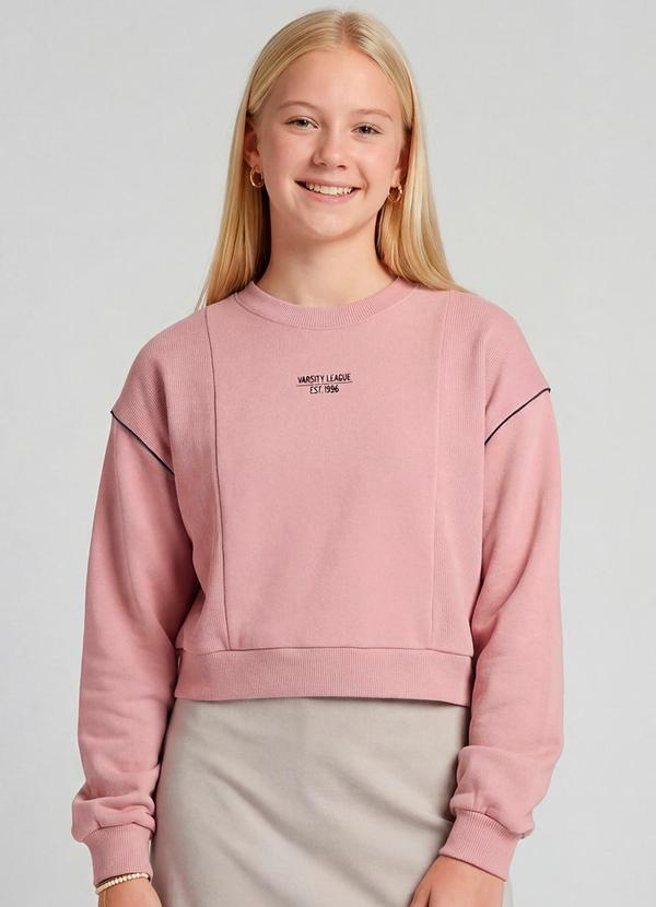 Blusão Moletom e Ribana com Estampa Rosa