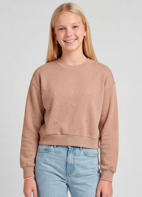 Blusão Moletom sem Felpa com Strass Marrom