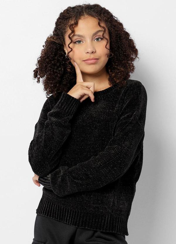 Suéter Juvenil Chenille Manga Longa Preto