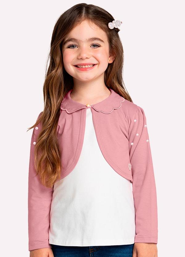 Vista 2 Bolero Infantil Menina com Pérolas Rosa Milon Milon