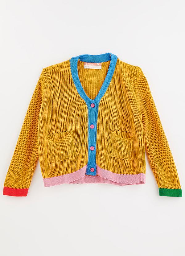 Vista 2 Cardigan de Tricot Básico Amarelo Fabula Fabula