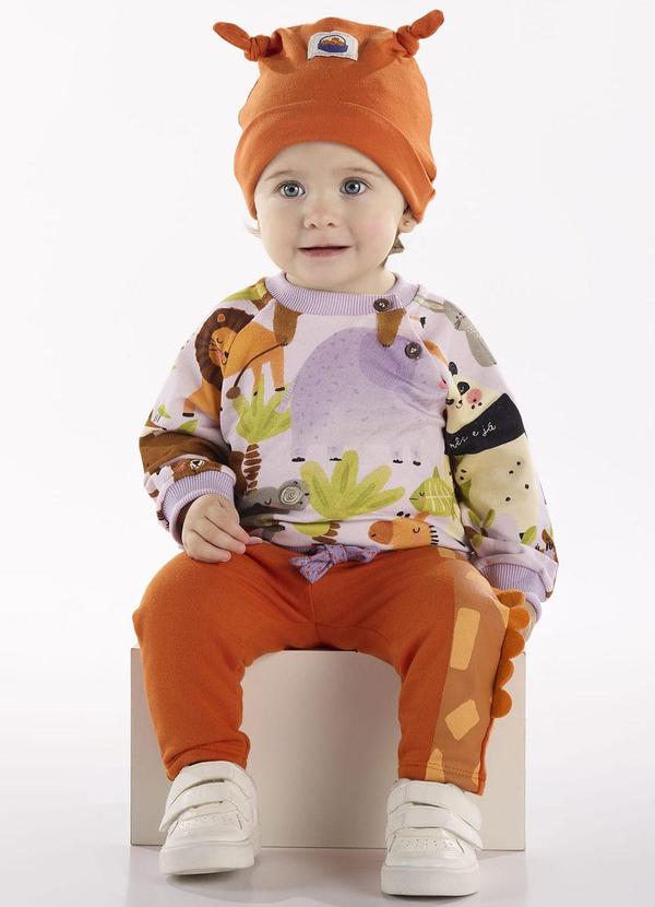 Vista 2 Conjunto Bebê com Blusão e Calça Roxo Três e Já Três e Já