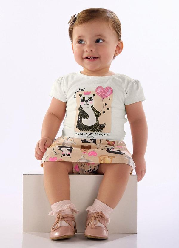 Conjunto Bebê Blusa Manga Curta e Short-Saia Panda Branco