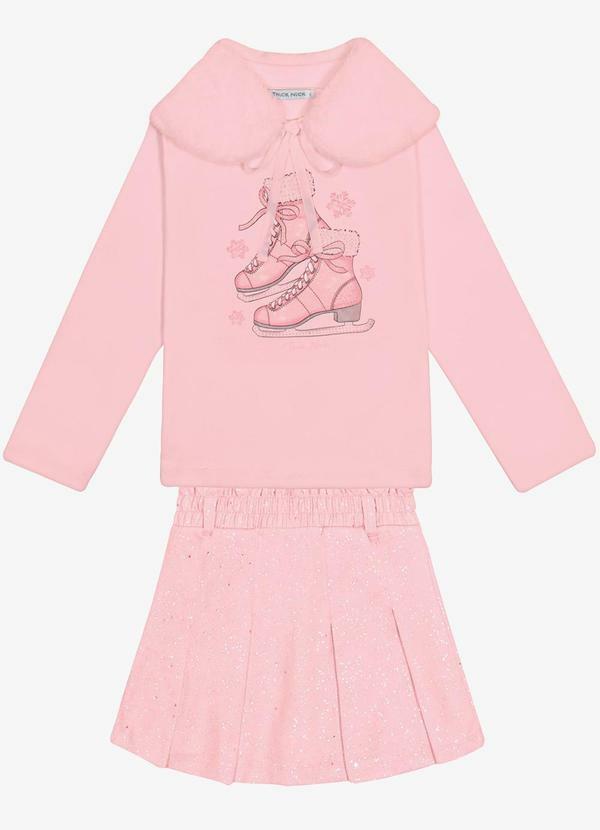 Conjunto Blusa com Gola e Saia Rosa