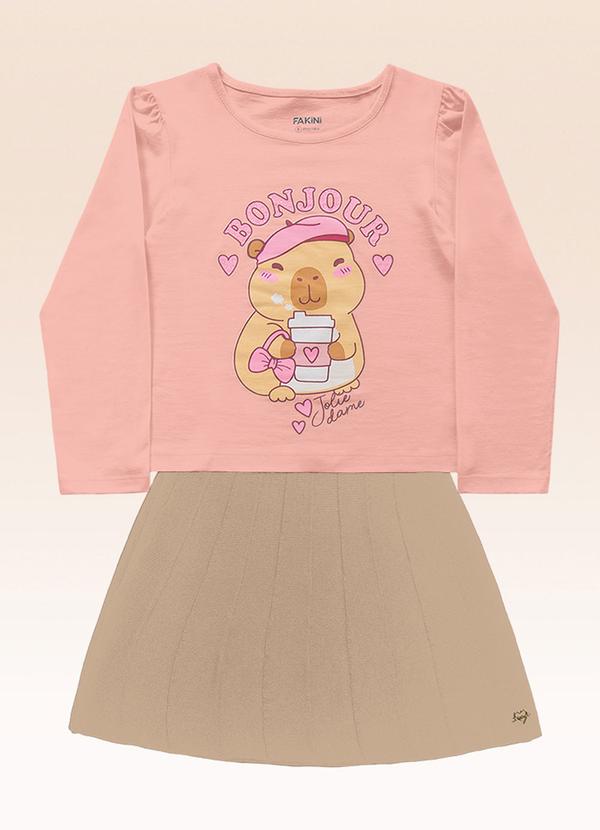 Conjunto Blusa Manga Longa e Saia Tricot Rosa