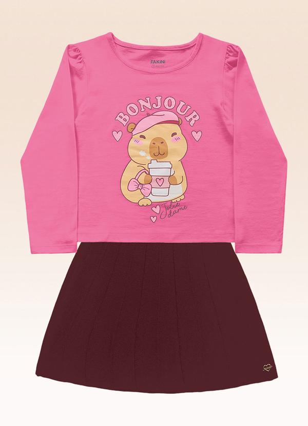 Conjunto Blusa Manga Longa e Saia Tricot Rosa