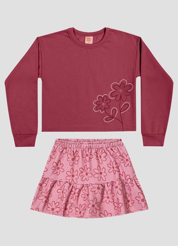 Conjunto Blusão e Saia Estampada Bordô