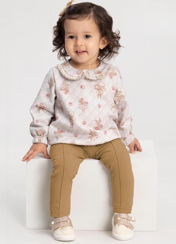 Conjunto com Calça e Blusão Estampado Bege