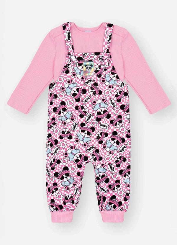 Conjunto com Jardineira Bebê Menina Panda Rosa